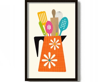 Kitchen Decor Wall Art Print, Mid Century Modern, Kitchen Utensils, Colorful Cooking Gift, Kitchen Sign, Rolling Pin, Fork and Spoon