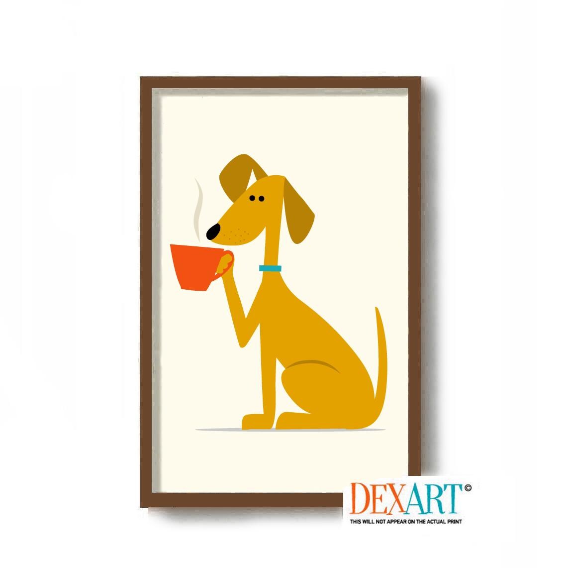 Dog Drinking Coffee Print, Mid Century Modern Decor, Dog Art Prints, Mutt Dog Gift, Bad Dog Lounge, Atomic Dog Lover, Funny Dog Wall Art