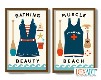 Lake House Decor, Mid Century Modern Art Print, Set of 2 Prints, One Piece Swimsuit, Retro Beach Wall Art, Beach House Sign, Bathing Suit