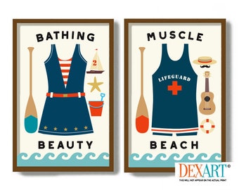 Mid Century Modern Beach Prints, Retro Swimsuit Art, Set of 2, Coastal Decor, Sailor Bathing Suits