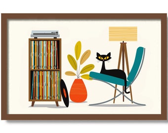 Black Cat Print, Mid Century Modern Wall Art, Barcelona Chair, Record Turntable, Vinyl Record Storage, Old Record Player Cat Lover Gift Idea