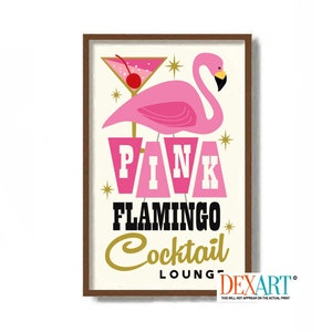 Pink Flamingo Decor, Mid Century Modern Wall Art Print, Cocktail Sign, Poster for Tiki Bar, Atomic Art, Rat Pack, Martini Glass