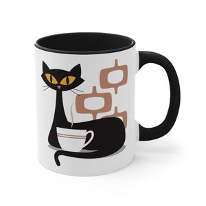 Cat Coffee Mug, Black Cat Mid Century Modern Decor, Coffee With My Cat, 11oz Cup, Diner Mug for Kitchen