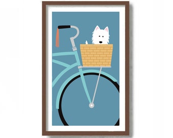 Westie Art Print, Laundry Room Decor, Children's Room, West Highland Terrier Art, Vintage Bicycle, Dog Lover Gift, White Dog, Laundry Hamper