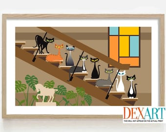 May include: A colorful illustration of seven cats sitting on a staircase in a mid-century modern home. The cats are various colors, including black, orange, gray, and white. The staircase is brown wood with a white railing. There is a large window with a geometric pattern in the background. The illustration is in a minimalist style with bold colors and simple lines.