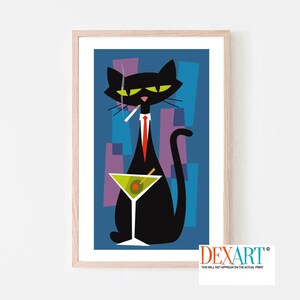 Arte moderno de mediados de siglo, póster de Rat Pack, lámina artística de gato negro, arte de martini, póster de cócteles, regalos de camarero, regalo para amantes de los gatos, copas de martini