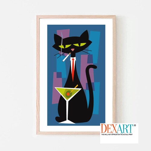 Art moderne du milieu du siècle, affiche de meute de rats, impression d'art chat noir, art martini, affiche cocktail, cadeaux barman, cadeau pour amoureux des chats, verres à martini