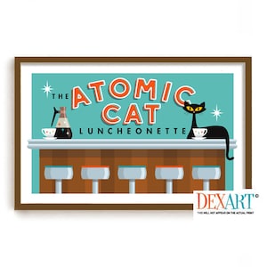 May include: A retro-style illustration of a diner called "The Atomic Cat Luncheonette". The diner has a turquoise green exterior with a brown counter and five orange and blue stools. A black cat with yellow eyes sits on the counter with a cup of coffee. The cat is wearing a white collar with a black star.