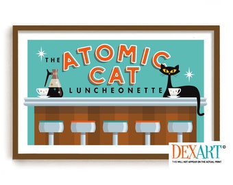 Mid Century Modern Atomic Cat Art Print, Atomic Black Cat Lover Gift, Coffee Lover Wall Art, Cafe Diner Sign Retro Coffee Cup