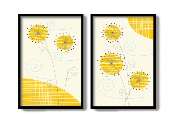 Dandelion Print Set, Retro Wall Decor, Flower Art Print, Mid Century Modern Wall Art, Sunflowers Poster, Powder Room Sign, Flower Print Set