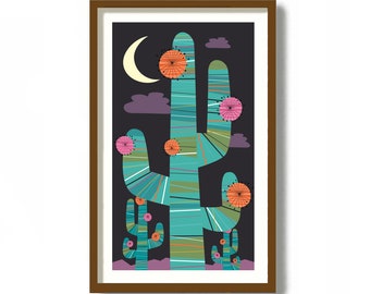 Saguaro Cactus Print, Southwestern Decor, Native American, Mid Century Modern Art Print, Western Print, Mexican Folk Art, Southwest Decor