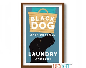 Cesta de mimbre para la colada, decoración artística para el lavadero, perro atómico, arte retro de labrador negro, mamá de perro, letrero para el lavadero, lavadora