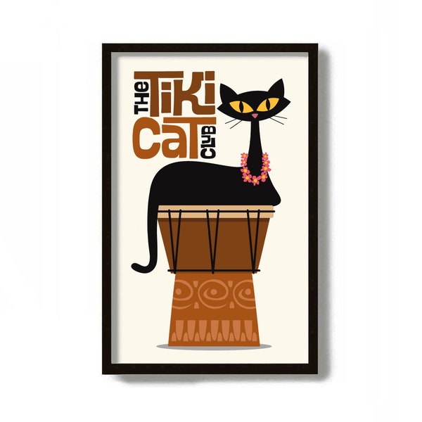 Tiki Decor Art Print, Cat Lover Gift, Black Cat Mid Century Modern Tiki Bar Sign, Tribal Drum, Tropical Florida Decor