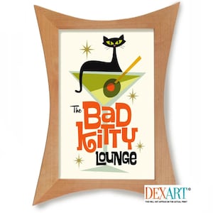 Mid Century Modern Atomic Cocktail Bar Wall Art, Bad Kitty Lounge, Black Cat Art Print, Martini Glass, Bartender Gift, Cat Lover Gift