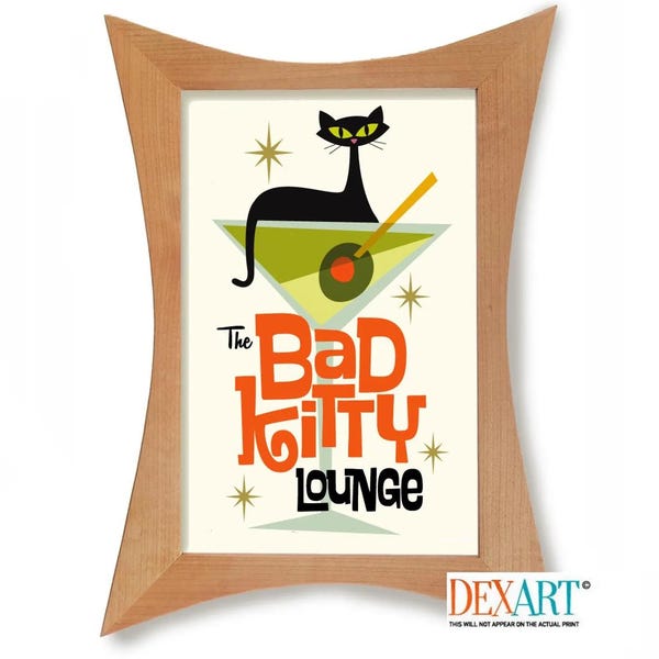 Mid Century Modern Atomic Cocktail Bar Wall Art, Bad Kitty Lounge, Black Cat Art Print, Martini Glass, Bartender Gift, Cat Lover Gift