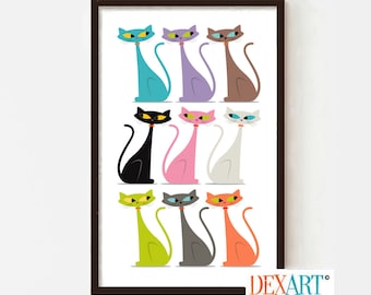 Mid Century Modern Atomic Cats Art Print, Diversity Wall Art, Colorful Cat Lover Gift, Cat Lady, Funny Cats Wall Decor, Cat Mom Gift