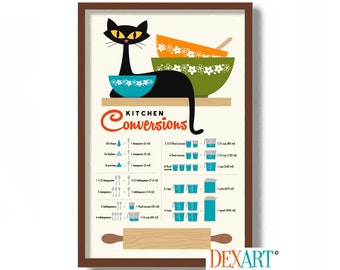 Measurement Conversion Chart for Kitchen, Mid Century Modern Art Print, Black Cat Art, Kitchen Decor, Measuring Cup Help Guide, Pantry Sign