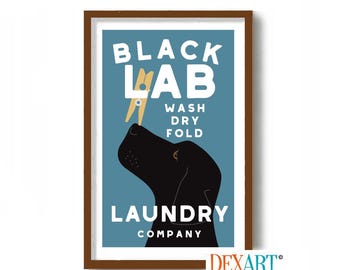 Arte mural para lavadero, impresión artística de labrador negro, decoración moderna de mediados de siglo con perro atómico, lavar, secar y doblar, mamá perro, letrero de lavandería para lavadora
