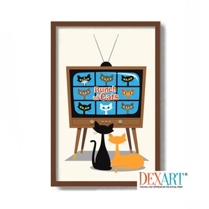 Cat Art Print, Family of Cats, Retro TV Show Mid Century Modern Art, Cat Lover Gift, Black Cat, Cat Mom Tabby Cat Tuxedo Cat, Pet Portrait