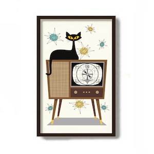 Mid Century Modern Art, Black Cat Art Print, 11x17 Print, Atomic Art, Living Room Wall Art, Cat Lover Gift, Retro TV, Danish Modern