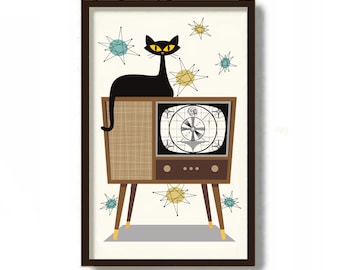 May include: A black cat sits atop a vintage television set with a test pattern on the screen. The television is brown with a wood grain finish and has four legs. The background is white with yellow and blue starburst shapes.