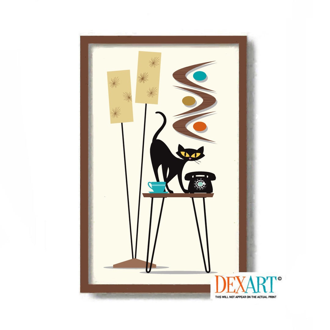 Mid Century Modern Black Cat Art Print, Cat Lover Gift, Modern Floor ...