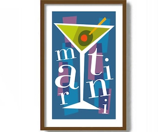 Vintage Martini Glass Art Print, Mid Century Modern Art, Bar Sign, Dirty Martini, Gin Olive Vodka, Bartender Gift, Alcohol Sign Mixed Drinks