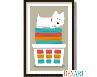 Laundry Room Decor, Westie Art Print, Laundry Sign, West Highland Terrier Art, Washing Machine, Laundry Soap, White Dog, Laundry Hamper