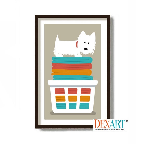 Laundry Room Decor, Westie Art Print, Laundry Sign, West Highland Terrier Art, Washing Machine, Laundry Soap, White Dog, Laundry Hamper