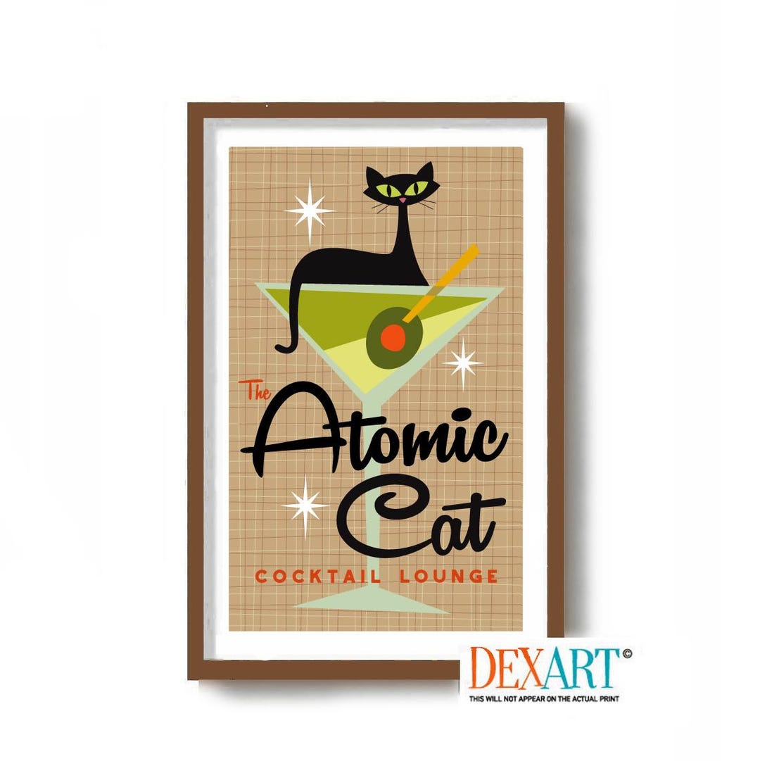 Mid Century Modern Atomic Cocktail Bar Wall Art, Black Cat Art Print ...