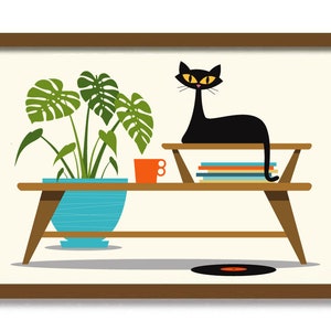 Cat Art Print, Mid Century Modern Coffee Table, Cat Lover Gift, Black Cat Wall Decor, Two Tier Coffee Table Books, Cat Gift Idea, Cat Poster