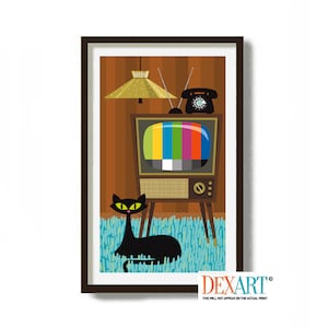 Atomic Black Cat Art Print, Mid Century Modern Wall Art, Shag Rug, Vintage Color TV, Shag Carpet, Retro Wall Art Television, Danish Modern