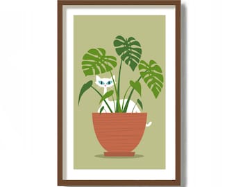 May include: A white cat with blue eyes peeks out from behind a potted green monstera plant. The plant is in a terracotta pot with a striped pattern. The background is a light green.