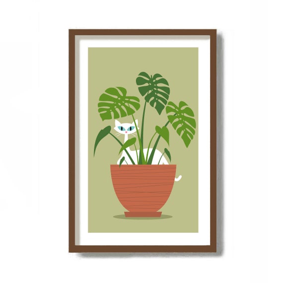 Mid Century Modern Cat Art, Monstera Plant, White Cat Lover Gift, Tropical  Decor, Minimalist Wall Art, White Cat Art, Florida Decor Print - Etsy