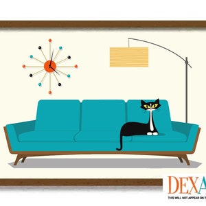 May include: A mid-century modern living room scene with a teal sofa, a black cat sitting on the sofa, a clock with orange and red accents, and a floor lamp with a wooden shade.