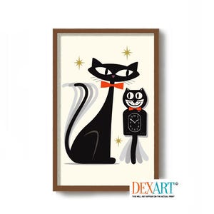 May include: A black cat with a red bow tie and a white tail stands next to a black clock cat with a red bow tie. The clock cat has a white tail and a clock face with black numbers. The background is a light yellow with gold stars.