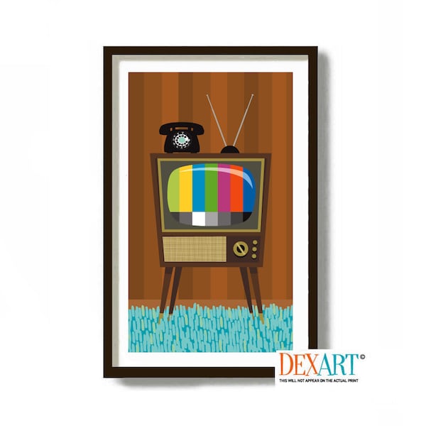 Mid Century Modern Wall Art Print, Atomic Decor, Shag Rug, Vintage Color TV, Shag Carpet, Retro Television, Danish Modern, Living Room