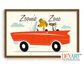 Zoomies Sign, Funny Cat and Dog Art Print, Mid Century Modern Man Cave Decor, Yellow Labrador Retriever, Atomic Dog Lover, Boys Room Gift