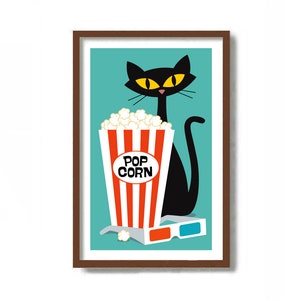 Impression d'art chat noir, salle de divertissement, enseigne de bar à pop-corn, art moderne du milieu du siècle, idée cadeau cinéphile, amateur de chats atomiques, art vétérinaire