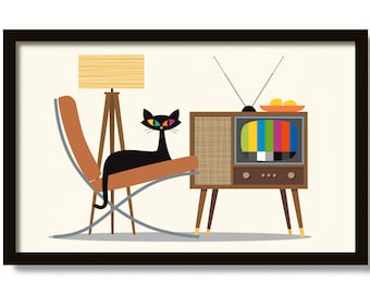 Mid Century Modern Art, Cat Lover Gift, Black Cat Art Print, Barcelona Chair, Old Television, Danish Modern, Veterinarian Gift, Retro TV Set
