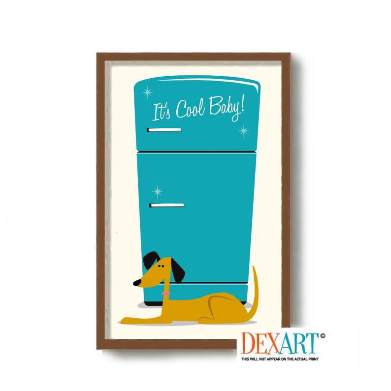Mid Century Modern Dog Kitchen Wall Art Print, Retro Refrigerator
