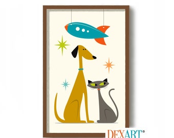 Atomic Cat and Dog, Mid Century Modern Art Print, Roswell UFO, Flying Saucer, Sci Fi Art, Science Fiction TV, Space Age Decor