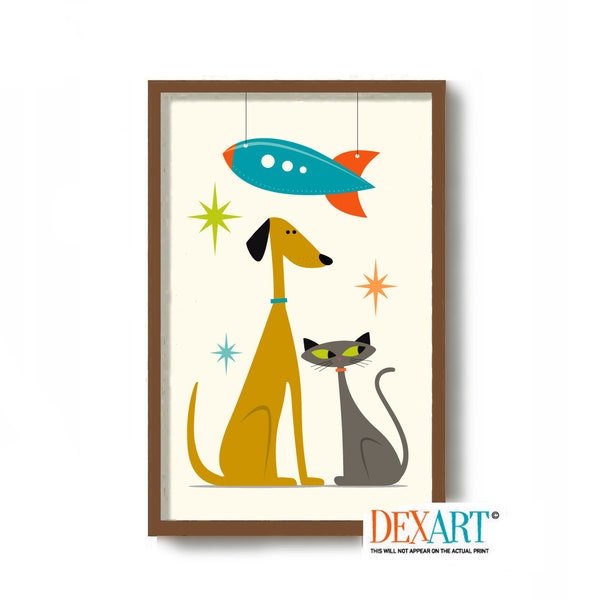 Atomic Cat and Dog, Mid Century Modern Art Print, Roswell UFO, Flying Saucer, Sci Fi Art, Science Fiction TV, Space Age Decor