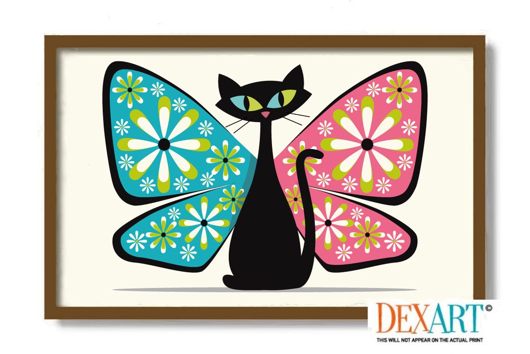 Black Cat and Butterfly Wall Art Print, Mid Century Modern Cat Decor