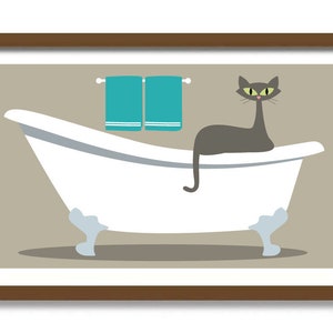 Cat Art Print, Mid Century Modern Art, Grey Cat Lover Gift Idea, Bathroom Decor, Claw Foot Tub, Bath Time, Cat Poster, Gray Tabby Cat