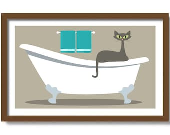 Cat Art Print, Mid Century Modern Art, Grey Cat Lover Gift Idea, Bathroom Decor, Claw Foot Tub, Bath Time, Cat Poster, Gray Tabby Cat
