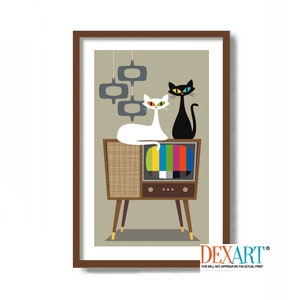 Mid Century Modern Cat Art, Cat Lover Gift, Black Cat Art Print, White Cat Art, Old Television, Black Cat Gift Idea, Veterinarian Gift