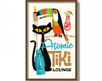 Atomic Cat Art, Tiki Bar Sign, Black Cat Art Print, Mid Century Modern Art, Cat Gifts, Toucan Print, Tropical Florida Decor, Jungle Decor