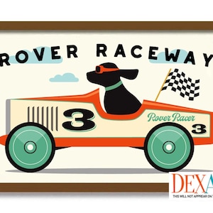 May include: A vintage-style illustration of a dog driving a red race car with the words "Rover Raceway" and "Rover Racer" on it. The dog is wearing sunglasses and the car has the number 3 on it.