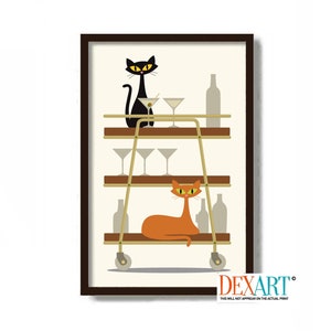 Mid Century Modern Art, Bar Cart Trolley, Cat Lover Gift, Bartender Gift, Vodka Martini, Cocktail Shaker, Black Cat Art Print, Orange Cat